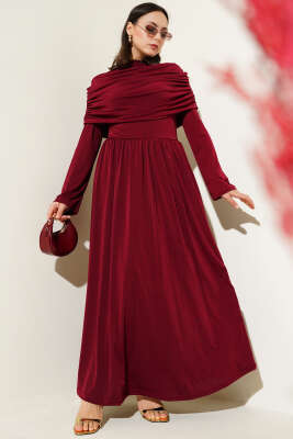 Degaje Yaka Görünümlü Sandy Elbise Bordo - Tesettür Elbise