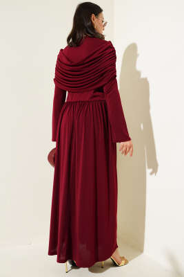 Degaje Yaka Görünümlü Sandy Elbise Bordo - Tesettür Elbise