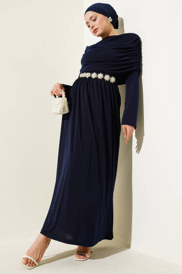 Degaje Yaka Görünümlü Sandy Elbise Lacivert - Elbise