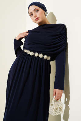 Degaje Yaka Görünümlü Sandy Elbise Lacivert - Tesettür Elbise