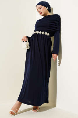 Degaje Yaka Görünümlü Sandy Elbise Lacivert - Tesettür Elbise