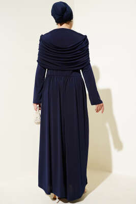 Degaje Yaka Görünümlü Sandy Elbise Lacivert - Tesettür Elbise