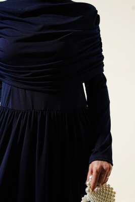 Degaje Yaka Görünümlü Sandy Elbise Lacivert - Tesettür Elbise