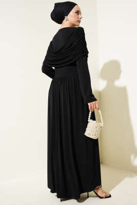 Degaje Yaka Görünümlü Sandy Elbise Siyah - Tesettür Elbise