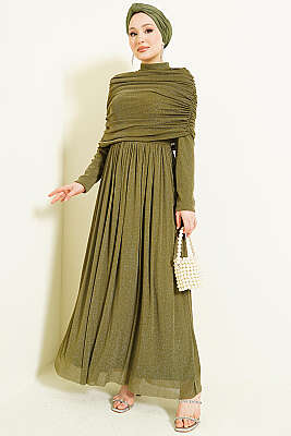 Degaje Yaka Görünümlü Simli Abiye Elbise Haki - CNR TEKSTİL