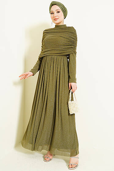 Degaje Yaka Görünümlü Simli Abiye Elbise Haki - Elbise