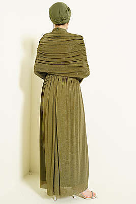 Degaje Yaka Görünümlü Simli Abiye Elbise Haki - Elbise