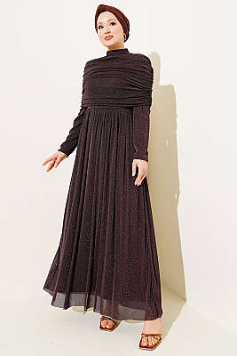 Degaje Yaka Görünümlü Simli Abiye Elbise Kahve - CNR TEKSTİL