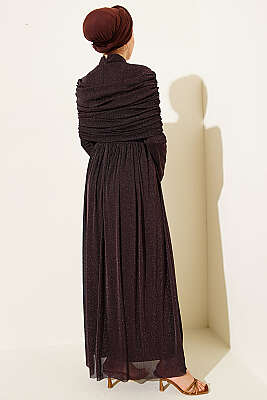 Degaje Yaka Görünümlü Simli Abiye Elbise Kahve - Elbise