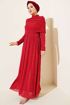 Degaje Yaka Görünümlü Simli Abiye Elbise Kırmızı - CNR TEKSTİL