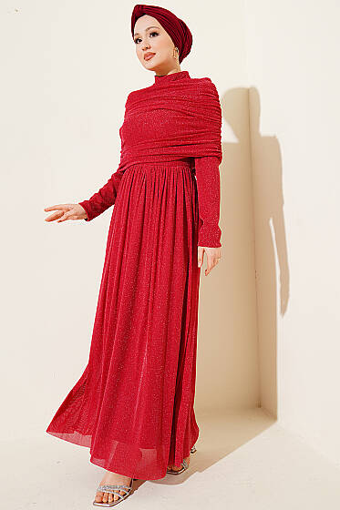 Degaje Yaka Görünümlü Simli Abiye Elbise Kırmızı - Elbise