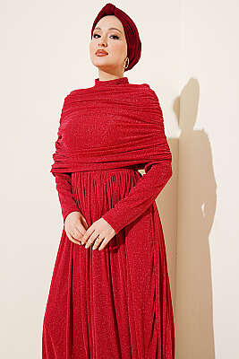 Degaje Yaka Görünümlü Simli Abiye Elbise Kırmızı - Elbise