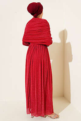 Degaje Yaka Görünümlü Simli Abiye Elbise Kırmızı - Elbise