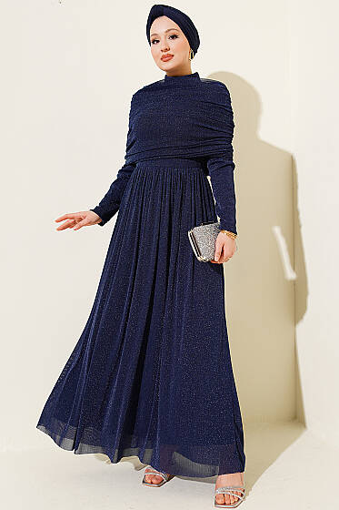 Degaje Yaka Görünümlü Simli Abiye Elbise Lacivert - Elbise