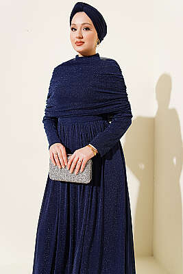 Degaje Yaka Görünümlü Simli Abiye Elbise Lacivert - Elbise