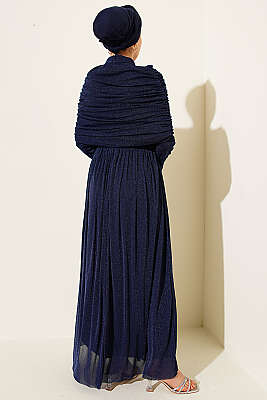 Degaje Yaka Görünümlü Simli Abiye Elbise Lacivert - Elbise