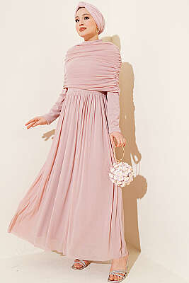 Degaje Yaka Görünümlü Simli Abiye Elbise Pembe - CNR TEKSTİL