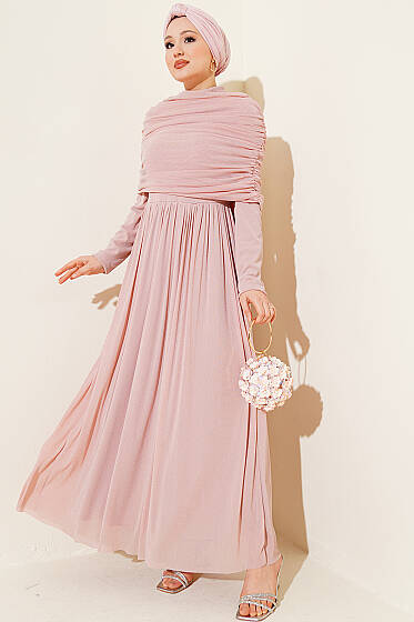 Degaje Yaka Görünümlü Simli Abiye Elbise Pembe - Elbise