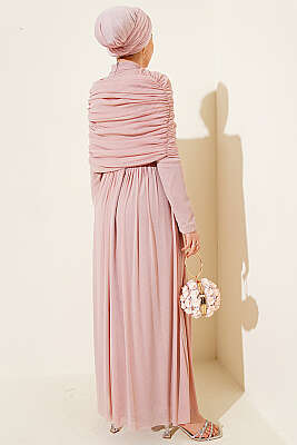 Degaje Yaka Görünümlü Simli Abiye Elbise Pembe - Elbise