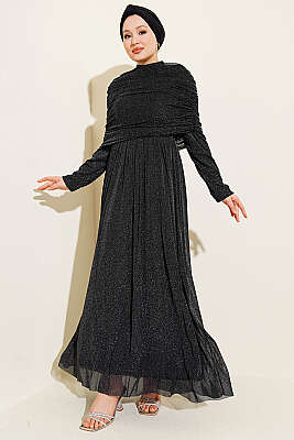 Degaje Yaka Görünümlü Simli Abiye Elbise Siyah - CNR TEKSTİL