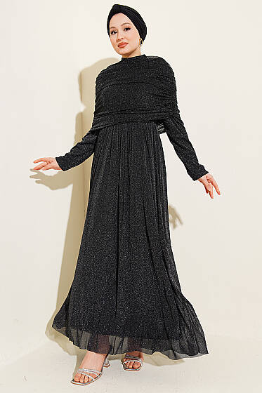Degaje Yaka Görünümlü Simli Abiye Elbise Siyah - Elbise