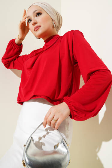 Degaje Yaka Omuz Vatkalı Sandy Bluz Kırmızı - Bluz