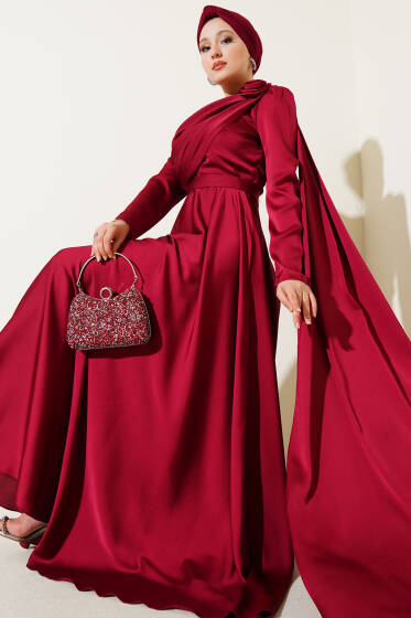 Degaje Yaka Pelerinli Abiye Elbise Bordo - Elbise
