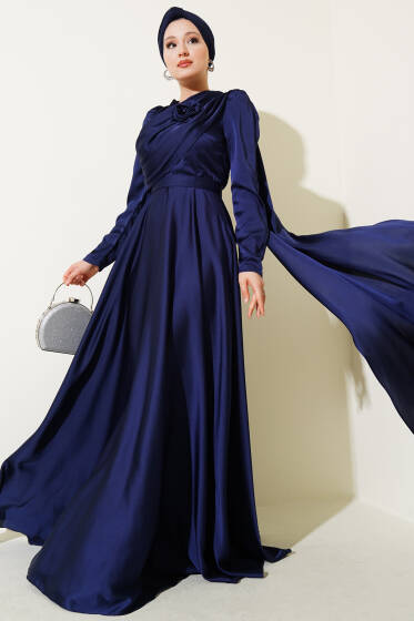 Degaje Yaka Pelerinli Abiye Elbise Lacivert - Elbise