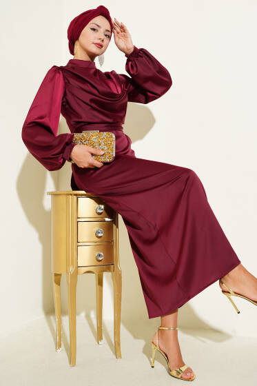 Degaje Yaka Saten Abiye Elbise Bordo - Elbise
