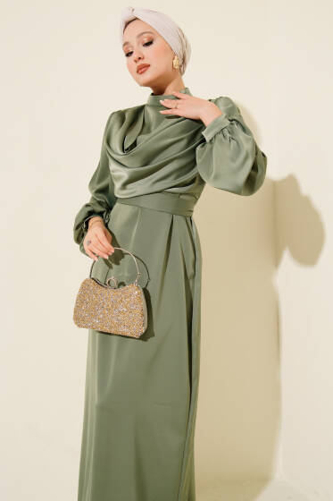 Degaje Yaka Saten Abiye Elbise Çağla Yeşili - Elbise