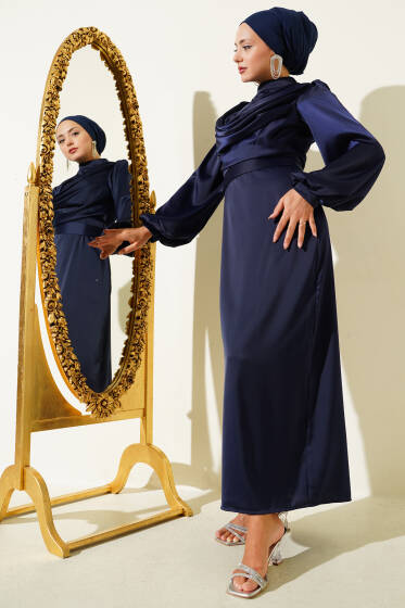 Degaje Yaka Saten Abiye Elbise Lacivert - Elbise