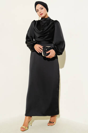 Degaje Yaka Saten Abiye Elbise Siyah - Elbise