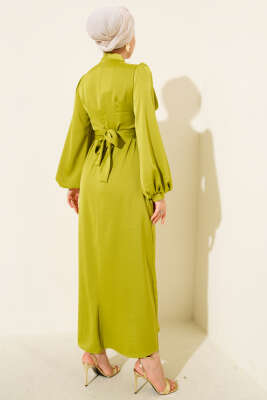 Degaje Yaka Saten Abiye Elbise Yağ Yeşili - Elbise
