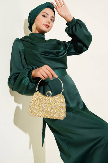 Degaje Yaka Saten Abiye Elbise Zümrüt - Elbise