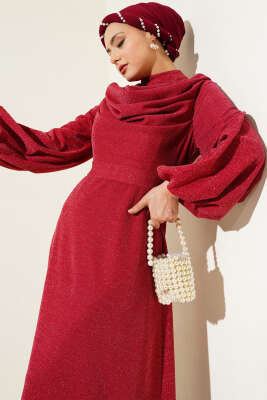 Degaje Yaka Simli Abiye Elbise Bordo - Tesettür Elbise
