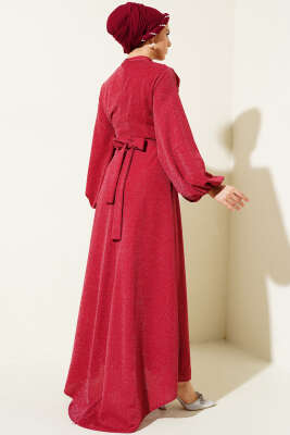 Degaje Yaka Simli Abiye Elbise Bordo - Tesettür Elbise