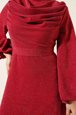 Degaje Yaka Simli Abiye Elbise Bordo - Tesettür Elbise