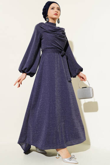 Degaje Yaka Simli Abiye Elbise Lacivert - Elbise