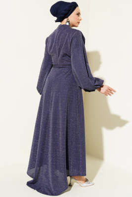 Degaje Yaka Simli Abiye Elbise Lacivert - Tesettür Elbise