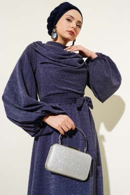 Degaje Yaka Simli Abiye Elbise Lacivert - Tesettür Elbise