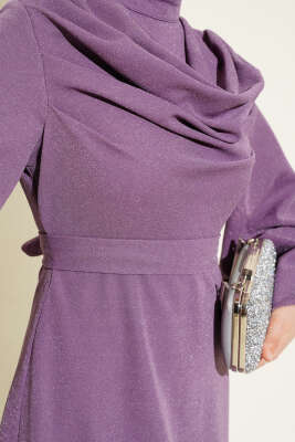 Degaje Yaka Simli Abiye Elbise Lila - Tesettür Elbise