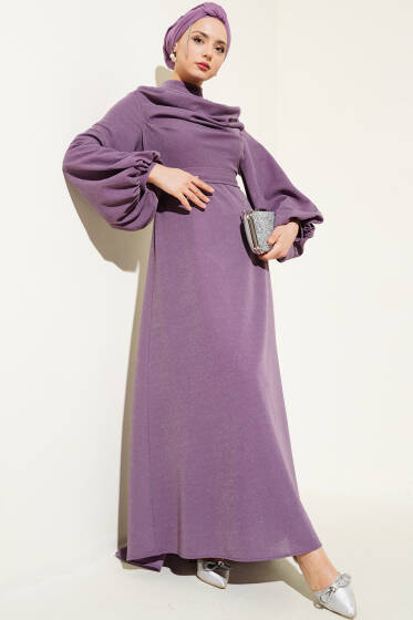 Degaje Yaka Simli Abiye Elbise Lila - Tesettür Elbise