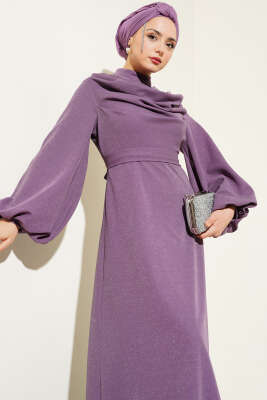Degaje Yaka Simli Abiye Elbise Lila - Tesettür Elbise