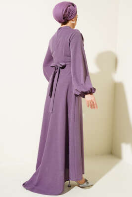 Degaje Yaka Simli Abiye Elbise Lila - Tesettür Elbise