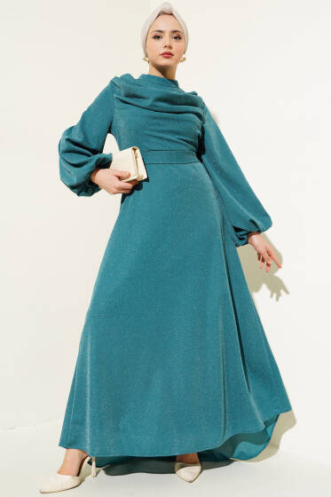 Degaje Yaka Simli Abiye Elbise Petrol - Elbise
