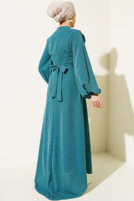 Degaje Yaka Simli Abiye Elbise Petrol - Tesettür Elbise