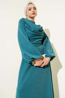 Degaje Yaka Simli Abiye Elbise Petrol - Tesettür Elbise