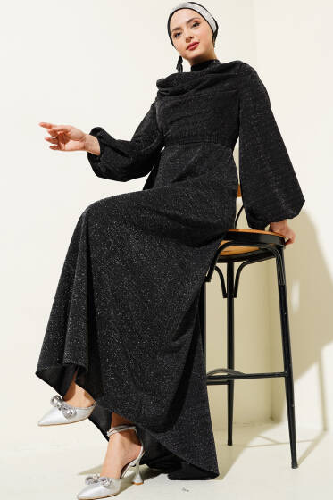 Degaje Yaka Simli Abiye Elbise Siyah - Elbise