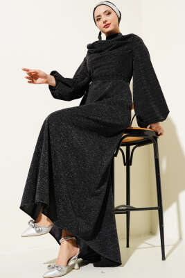 Degaje Yaka Simli Abiye Elbise Siyah - Tesettür Elbise