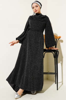 Degaje Yaka Simli Abiye Elbise Siyah - Tesettür Elbise
